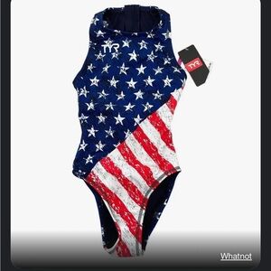 TYR 34 Medium Red white Blue Star spangled banner water polo breakaway swimsuit